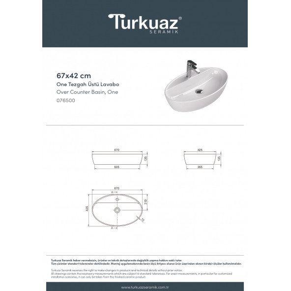 Turkuaz Seramik Cerastyle One 67 x 42 cm Tezgah Üstü Çanak Lavabo - 3