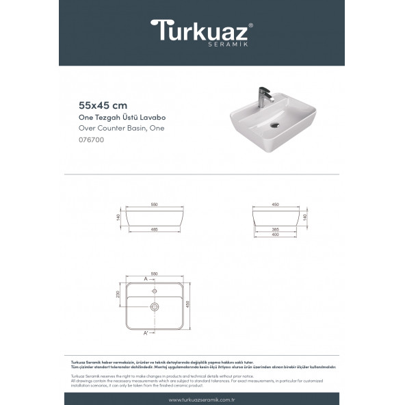 Turkuaz Cerastyle One Lavabo 55X45 Cm (Batarya Delikli) - 2