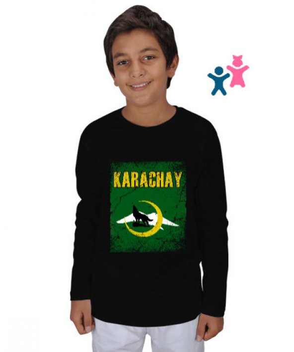 Karaçay,Karaçay Bayrağı, Karaçay logosu. Siyah Çocuk Unisex Uzunkollu