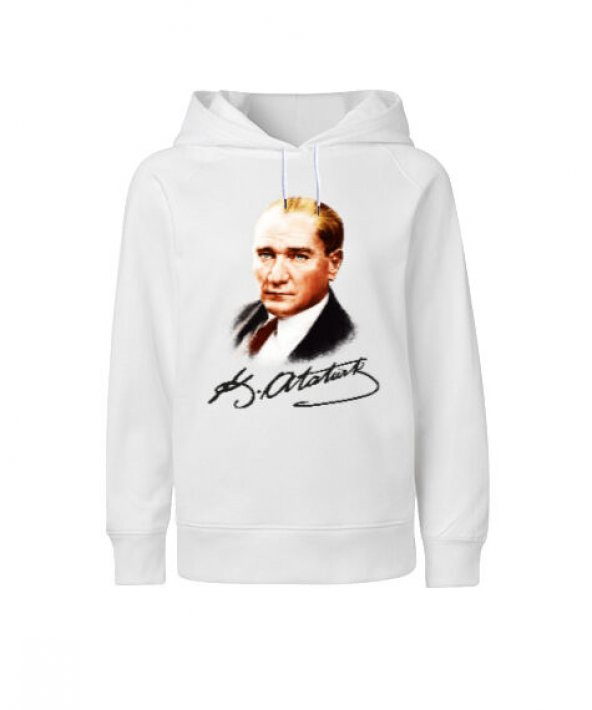 Atatürk ve İmzası Blu V1 Beyaz Çocuk Unisex Hoodie Kapüşonlu