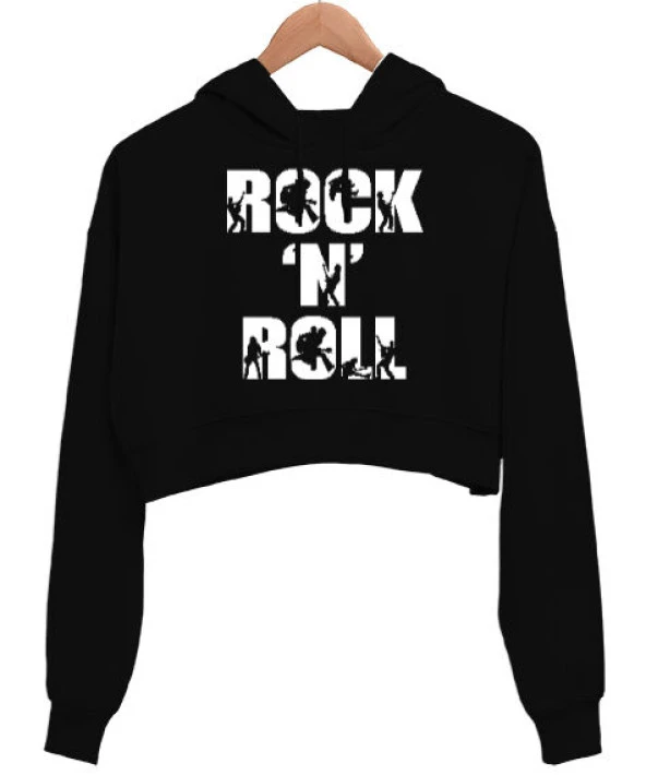 Rock N Roll Siyah Kadın Crop Hoodie Kapüşonlu Sweatshirt