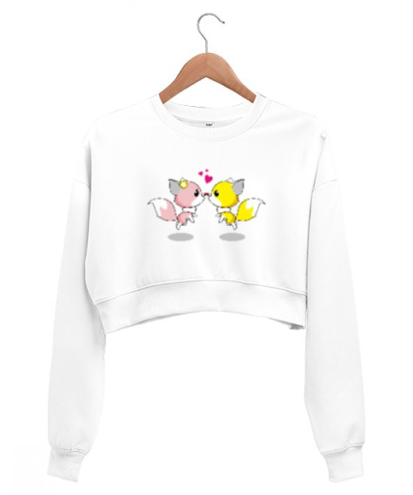 Fox Love, Aşk, Sevgi Beyaz Kadın Crop Sweatshirt