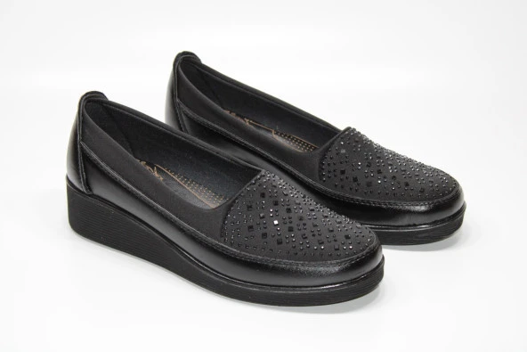 CASSO ORTOPEDİK KAYMAZ TABAN TOPUK DİKENİ JELLİ STREÇLİ TAŞLI KADIN SİYAH DOLGU TABAN AYAKKABI