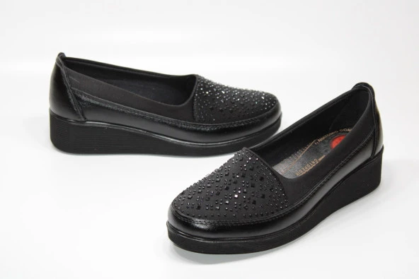 CASSO ORTOPEDİK KAYMAZ TABAN TOPUK DİKENİ JELLİ STREÇLİ TAŞLI KADIN SİYAH DOLGU TABAN AYAKKABI - 2