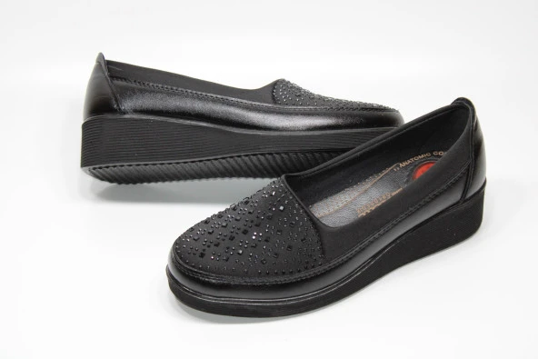 CASSO ORTOPEDİK KAYMAZ TABAN TOPUK DİKENİ JELLİ STREÇLİ TAŞLI KADIN SİYAH DOLGU TABAN AYAKKABI - 3