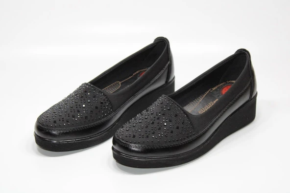 CASSO ORTOPEDİK KAYMAZ TABAN TOPUK DİKENİ JELLİ STREÇLİ TAŞLI KADIN SİYAH DOLGU TABAN AYAKKABI - 4