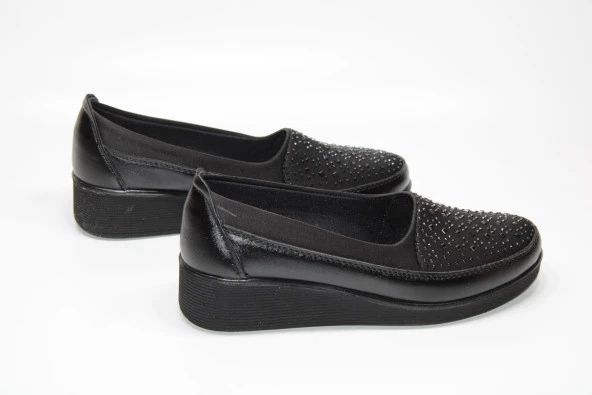 CASSO ORTOPEDİK KAYMAZ TABAN TOPUK DİKENİ JELLİ STREÇLİ TAŞLI KADIN SİYAH DOLGU TABAN AYAKKABI - 5