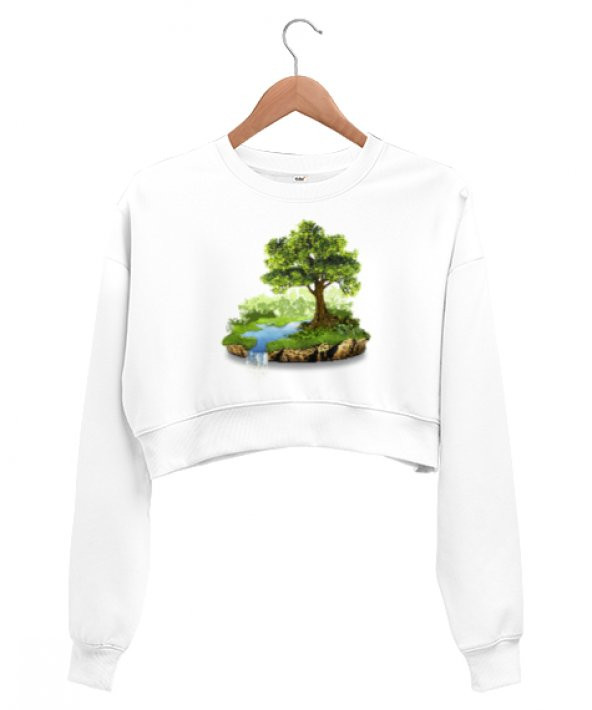 Doğa - Nature V2 Beyaz Kadın Crop Sweatshirt