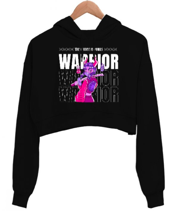 Ninja Warrior Girl Siyah Kadın Crop Hoodie Kapüşonlu Sweatshirt