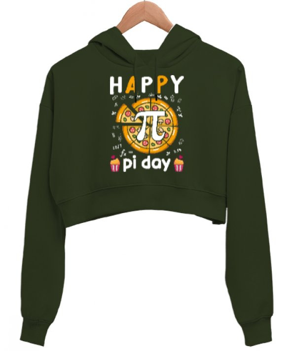 Happy Pi Day Pizza Haki Yeşili Kadın Crop Hoodie Kapüşonlu Sweatshirt