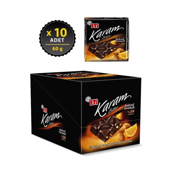 Eti Karam 54 Kakaolu Bademli Portakallı Bitter Çikolata 60 g x 10 Adet - 2