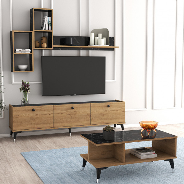 Moxen Mobilya Mts2 Mira Duvar Raflı Tv Sehpası Kitaplıklı Tv Ünitesi ve Orta Sehpa - 3