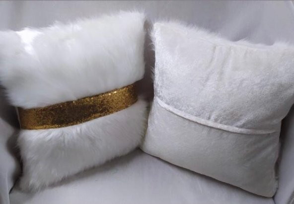 YILMAZHOME Peluş Şeritli Kırlent Kılıfı - (Beyaz Peluş-Gold Şeritli) - 1