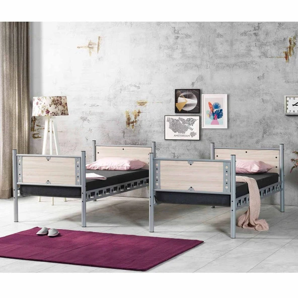 Elegan Genç Çocuk Odası Ahşap Başlıklı Metal Ranza ve Karyola 90x200 Yatak Ölçülü