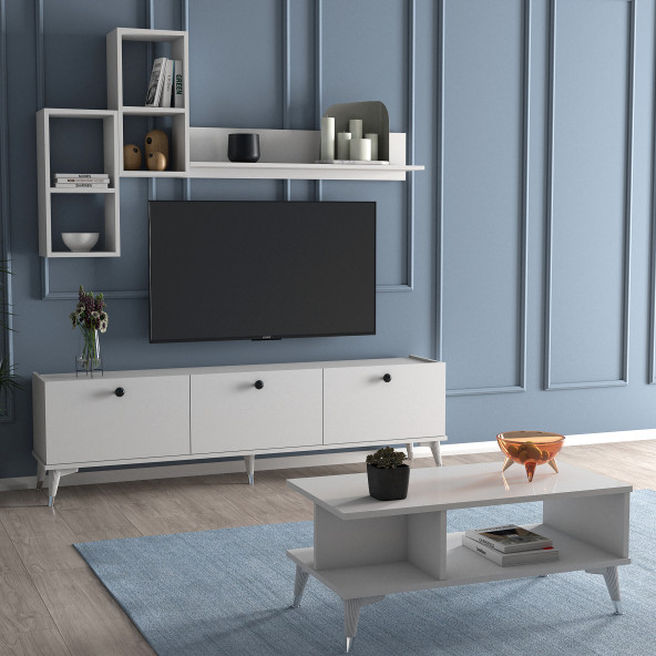 Moxen Mobilya Mts1 Mira Duvar Raflı Tv Sehpası - Kitaplıklı Tv Ünitesi Ve Orta Sehpa - 3