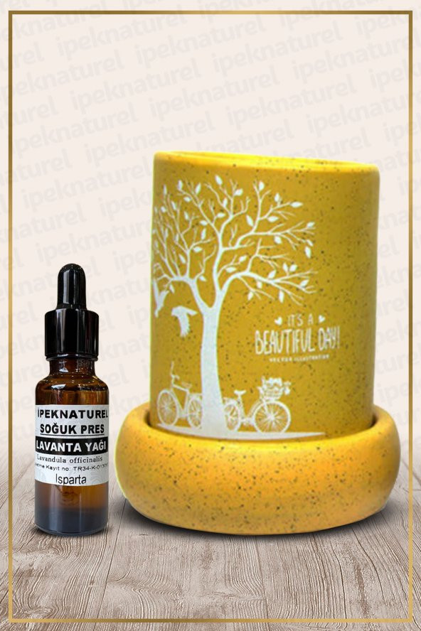 Baskılı Doğa Modeli Sarı Seramik Buhurdanlık ve Lavanta Yağı Setli ürün görseli 1