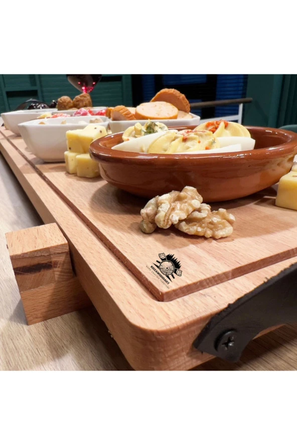 Ahşap Servis Ve Sunum Tepsisi, Ayaklı, Deri Kulplu - 3