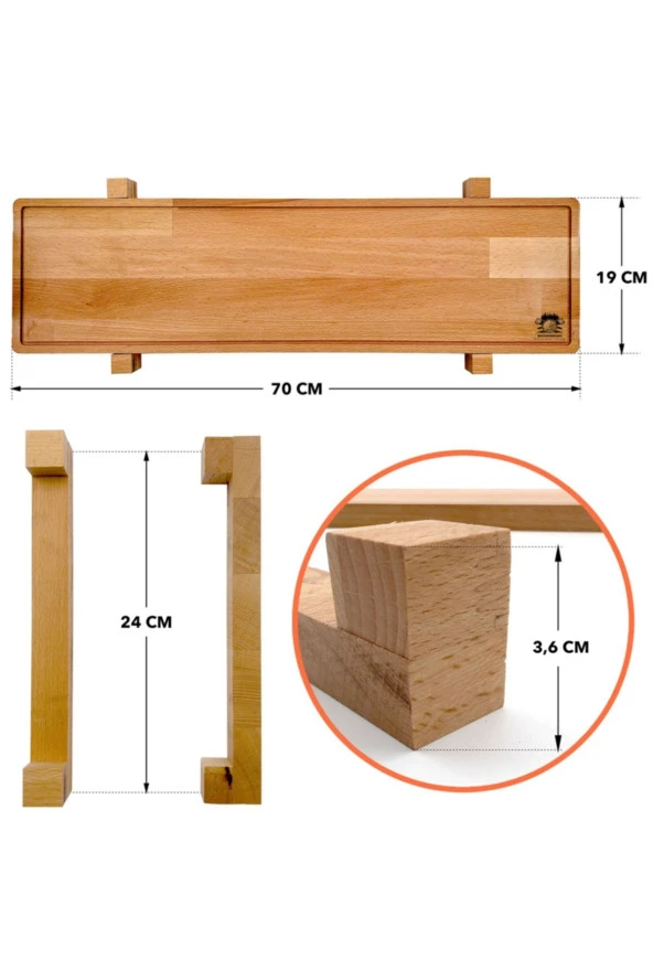 Ahşap Servis Ve Sunum Tepsisi, Ayaklı, Deri Kulplu - 4