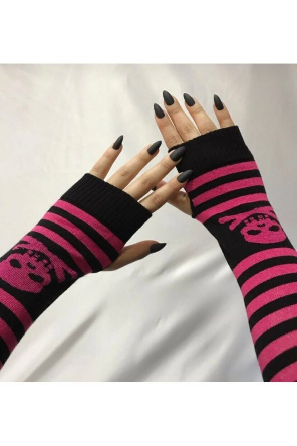 Pembe Siyah Kuru Kafa Desenli Parmaksız Kolluk Eldiven - 1