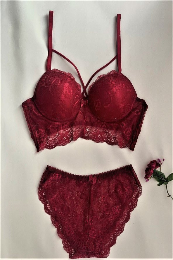 Kadın Dantelli Desteksiz Bralet Bordo Sütyen Takım