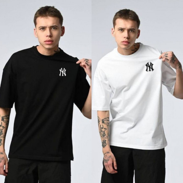 Fifty Color 2 li NY Baskılı Oversize Siyah ve Beyaz Erkek Tshirt