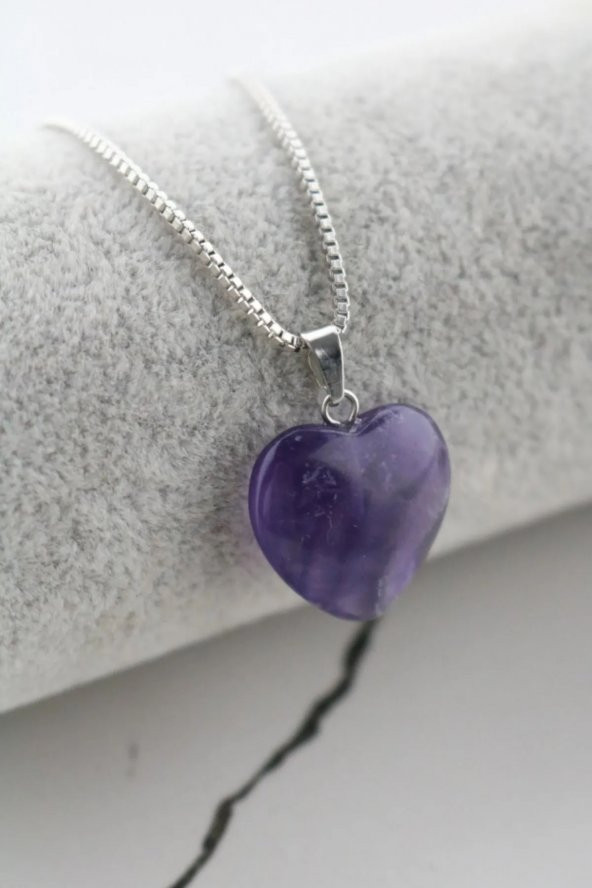 Ametist Doğal Taş Zincirli Kalp Kolye