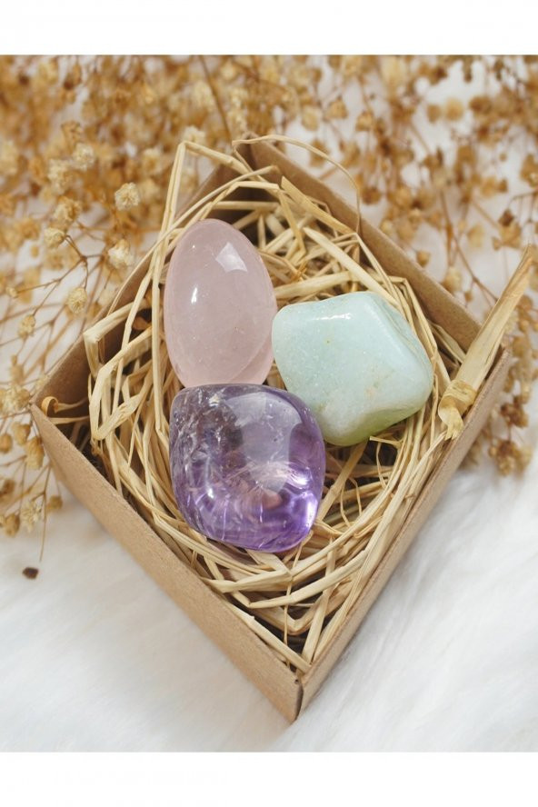 Aquamarin -  Pembe Kuvars ve Ametist Taşı 3 lü Set