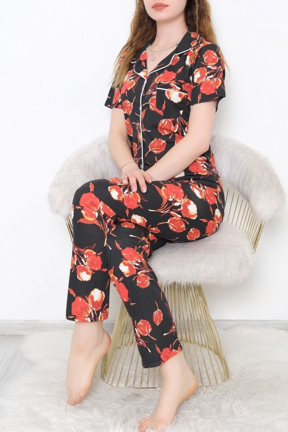 Düğmeli Pijama Takımı Siyahkırmızı - 10873.1048.