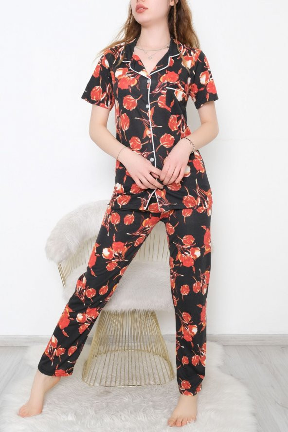 Düğmeli Pijama Takımı Siyahkırmızı - 10873.1048. - 2