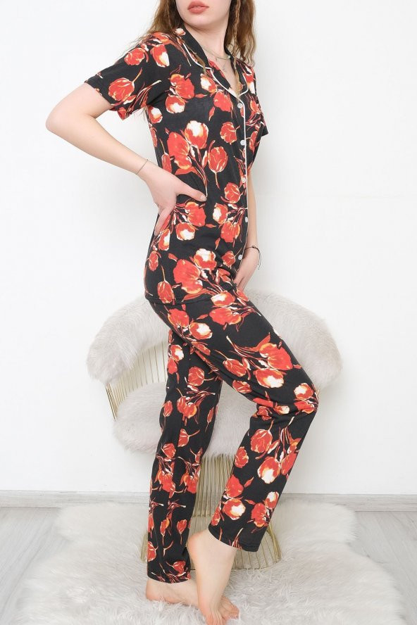 Düğmeli Pijama Takımı Siyahkırmızı - 10873.1048. - 5