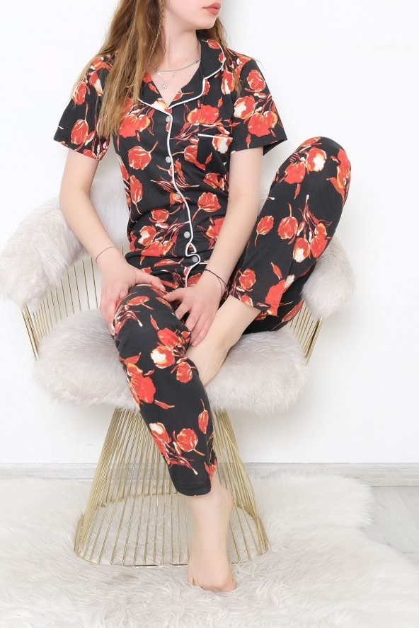 Düğmeli Pijama Takımı Siyahkırmızı - 10873.1048. - 3
