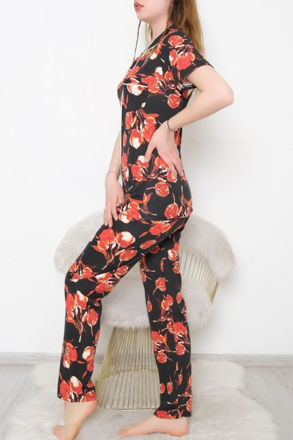 Düğmeli Pijama Takımı Siyahkırmızı - 10873.1048. - 4