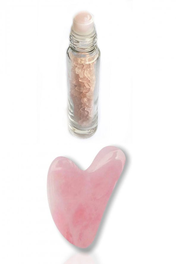Pembe Kuvars Doğal Taş Roll On Masaj Şişesi + Gua Sha Yüz Masaj Taşı