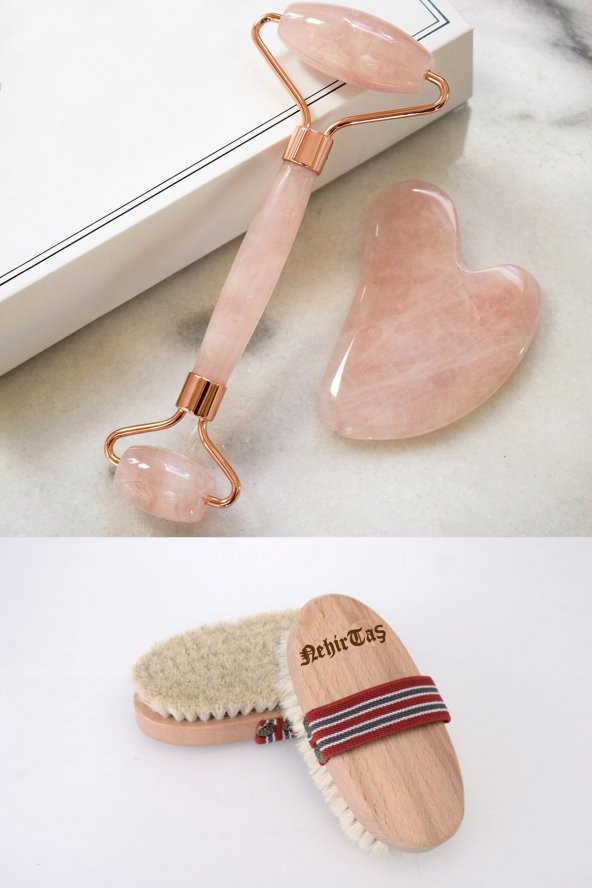 Pembe Kuvars Gua Sha Taşı + Face Roller + Doğal At Kılı Fırçası 3lü Set