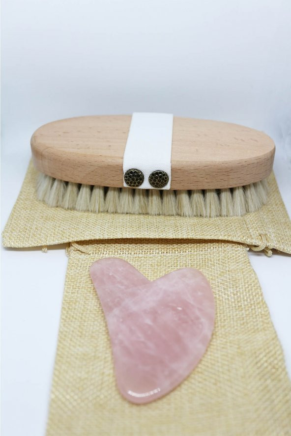 Doğal At Kılı Fırçası + Pembe Kuvars Taşı Kalp Gua Sha ( Özel Keselerinde )