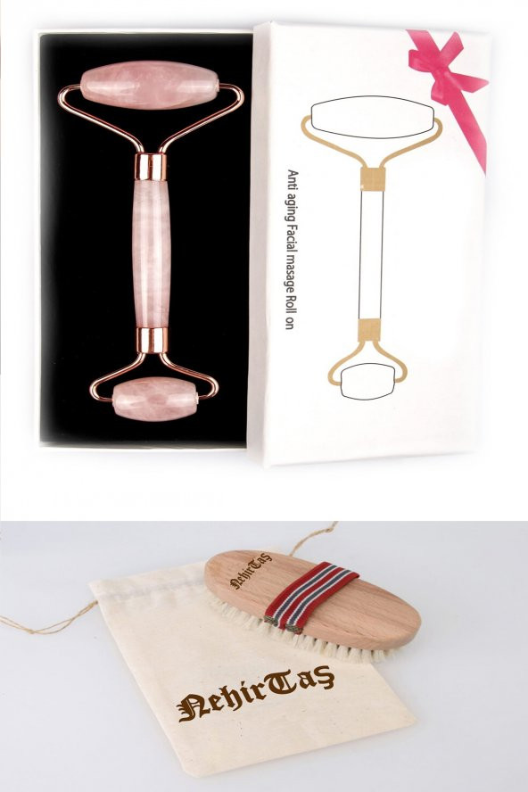Doğal At Kılı Fırçası + Pembe Kuvars Doğal Taş Masaj Taşı Roller