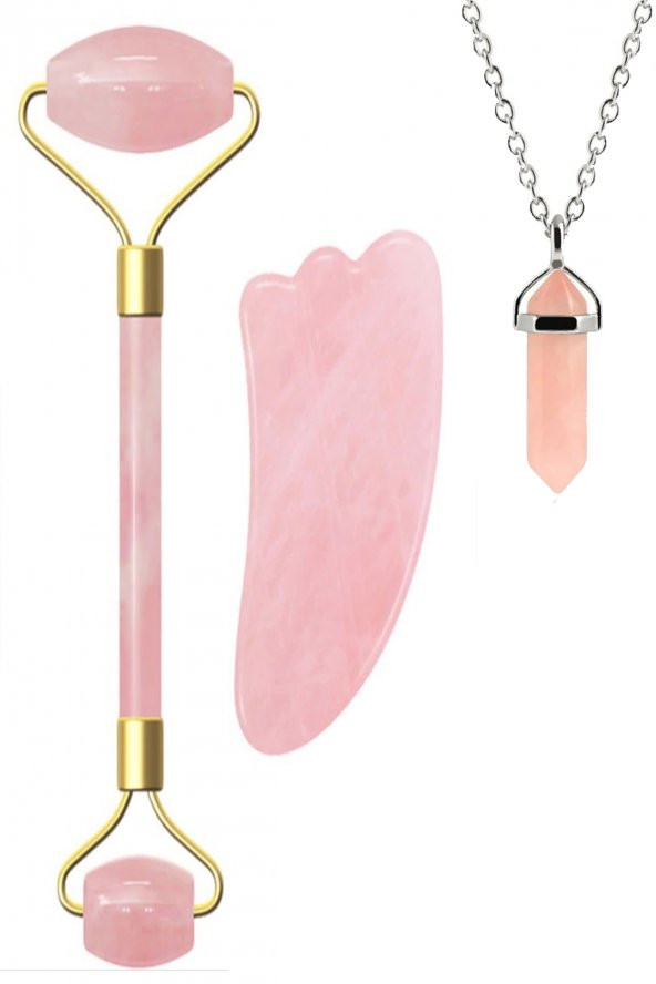 Doğal Taş Kolye Hediyeli Pembe Kuvars Taşı Cilt Masaj Aleti Ve Gua Sha Bakım Seti