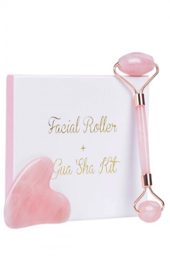Çift Taraflı Pembe Kuvars Taşı Cilt Masaj Aleti ve Gua Sha Bakım Seti