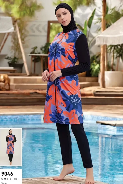 Rozamay Kadın Uzun Kollu Tam Kapalı Paraşüt Kumaş Tesettür Mayo 9046 Siyah