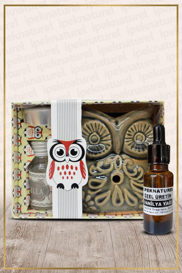 Baykuş Temalı Yeşil Seramik Buhurdanlık & Özel Üretim Vanilya Yağı Setli