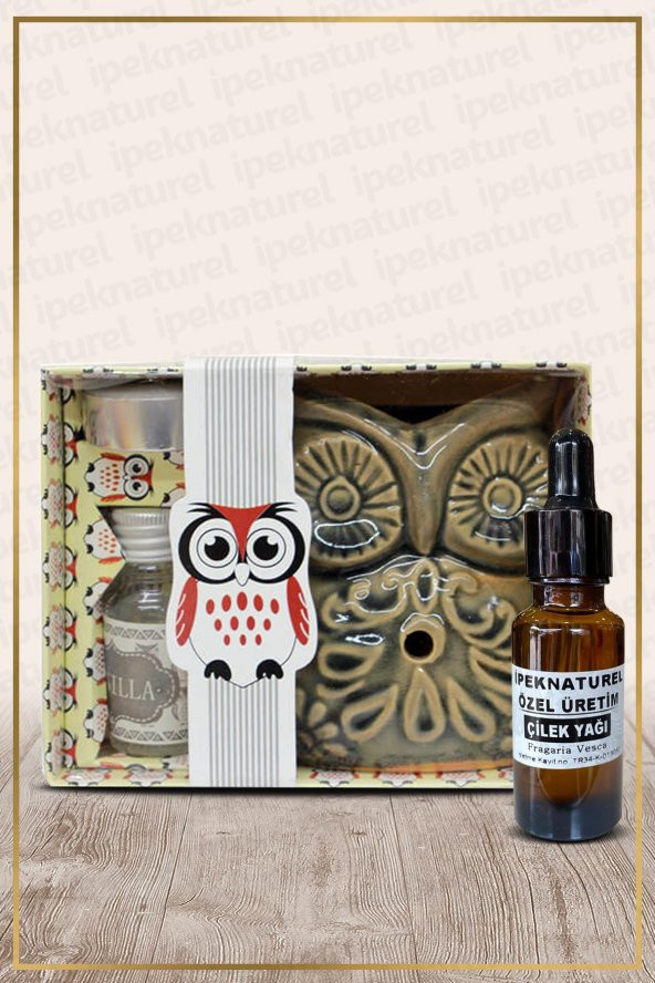 Baykuş Temalı Yeşil Seramik Buhurdanlık & Özel Üretim Çilek Yağı Setli