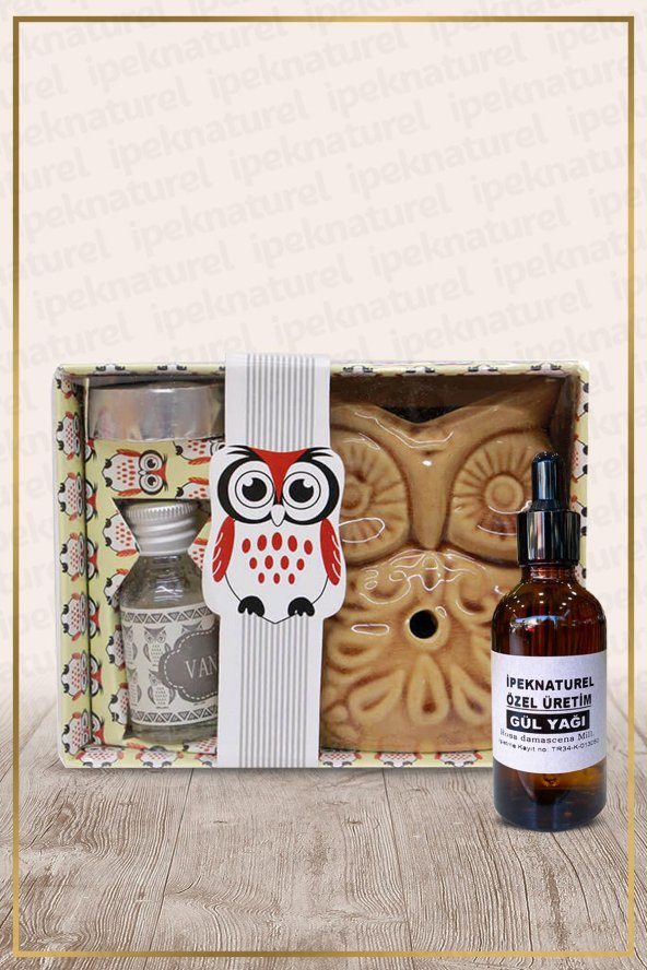 Baykuş Temalı Kahve Seramik Buhurdanlık & Özel Üretim Gül Yağı Setli