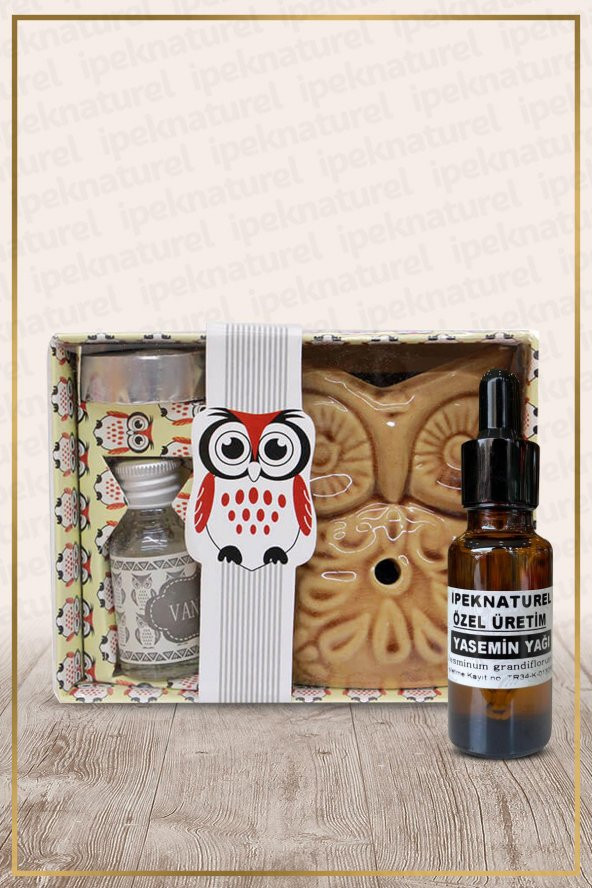 Baykuş Temalı Kahve Seramik Buhurdanlık & Özel Üretim Yasemin Yağı Setli