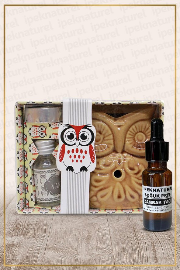 Baykuş Temalı Kahve Seramik Buhurdanlık & Özel Üretim Zambak Yağı Setli