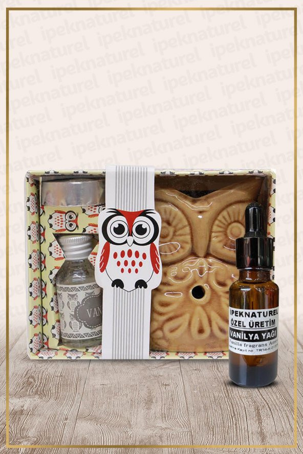 Baykuş Temalı Kahve Seramik Buhurdanlık & Özel Üretim Vanilya Yağı Setli