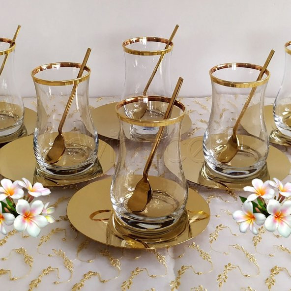 Leva Golden Touch Asimetrik Çelik Tabaklı Çay Seti-18 Parça
