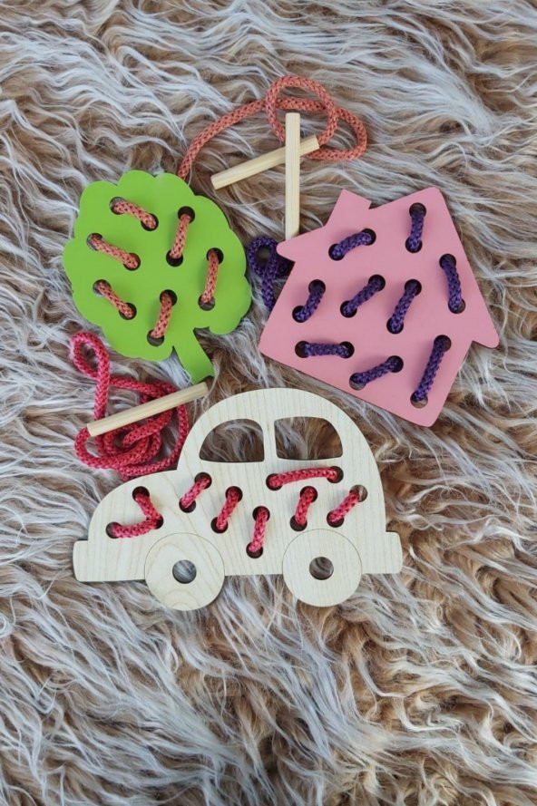 3lü Set  Eğitici Ahşap İp Geçirme Oyunu