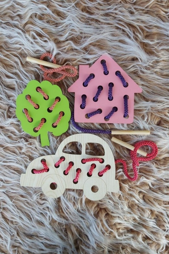 3lü Set  Eğitici Ahşap İp Geçirme Oyunu - 3