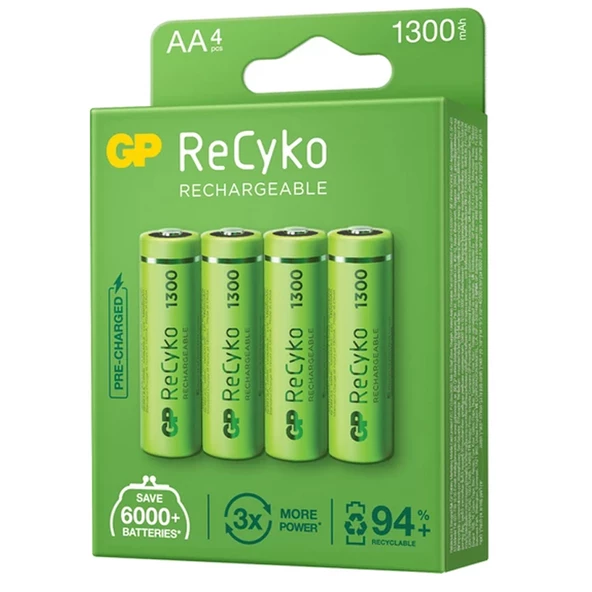 Gp Recyko 1300 NI-Mh R6 Şarjlı AA 4 lü Kalem Pil 6000 Tek Kullanımlık Pile Eşittir Şarjlı Pil