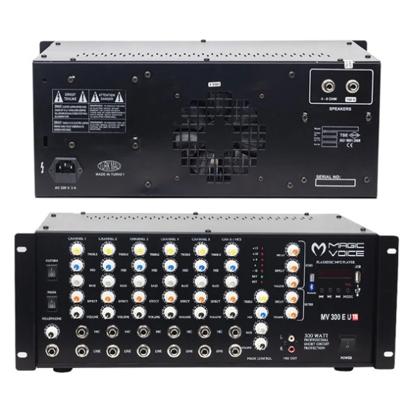 MagicVoice MV-300EF-TR 300 Watt 6 Mikrofon Girişli USB-Bluetooth Destekli Trafolu Mixer Anfi